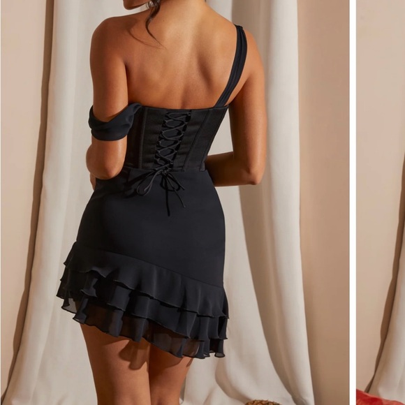 Oh Polly Asymmetric Corset Frill Mini Dress in Black - Picture 2 of 15